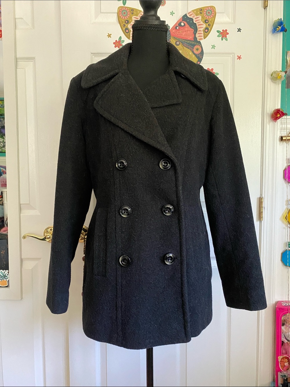 London Fog Womens Black Double-Breasted Peacoat Jacket
